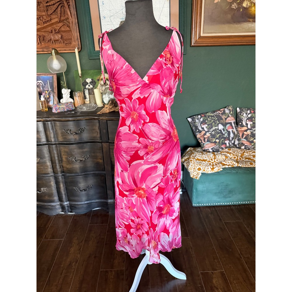 Y2K La Belle Pink Floral Midi Dress Tie Shoulder V-Neck Slip Dress Size 11